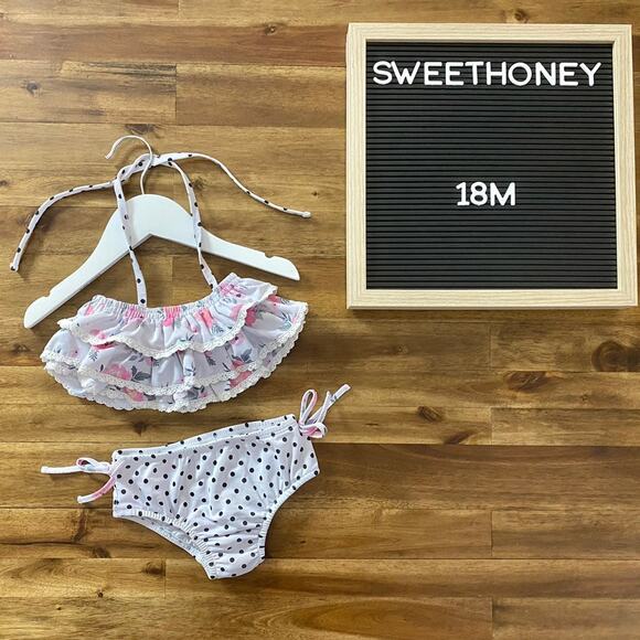 SweetHoney Milly Frilly Two Piece Bikini Swimsuit Shoreline Floral Polka Dot 18M - Picture 1 of 7
